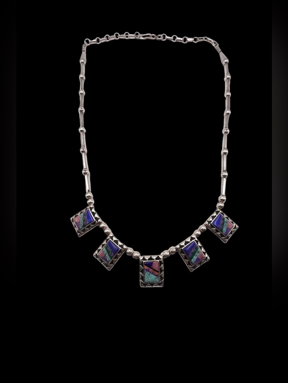 Navajo Native American Sterling Silver Turquoise Multi Stone Inlay Bib Necklace - Picture 5 of 10